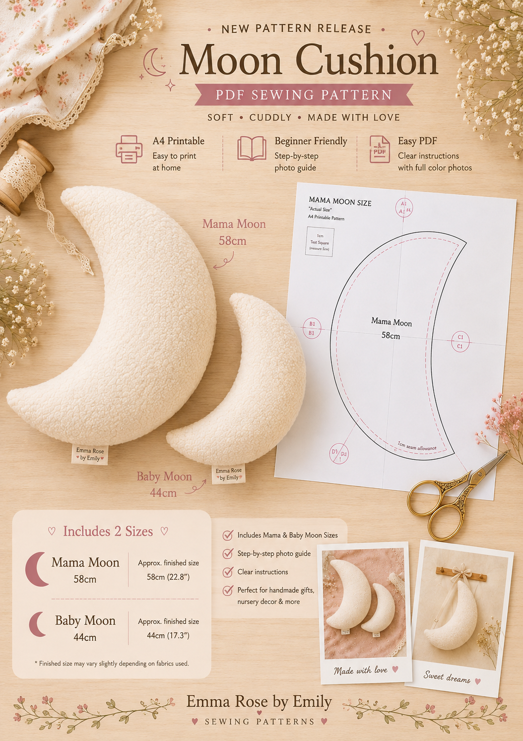 Moon Cushions Sewing Pattern for two sizes PDF | Plush Moon Pillow Pattern | Baby Comfort Toy | Digital Download | A4 Printable