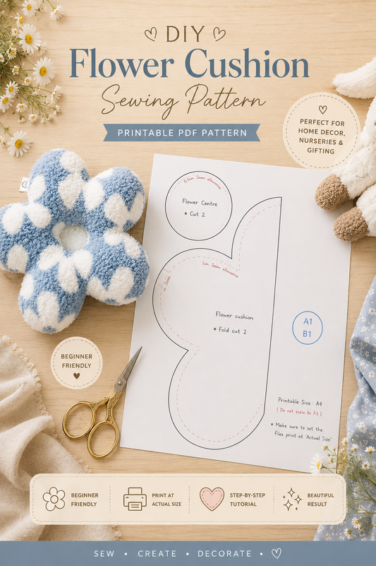 Flower cushion sewing pattern with materials on a wooden surface