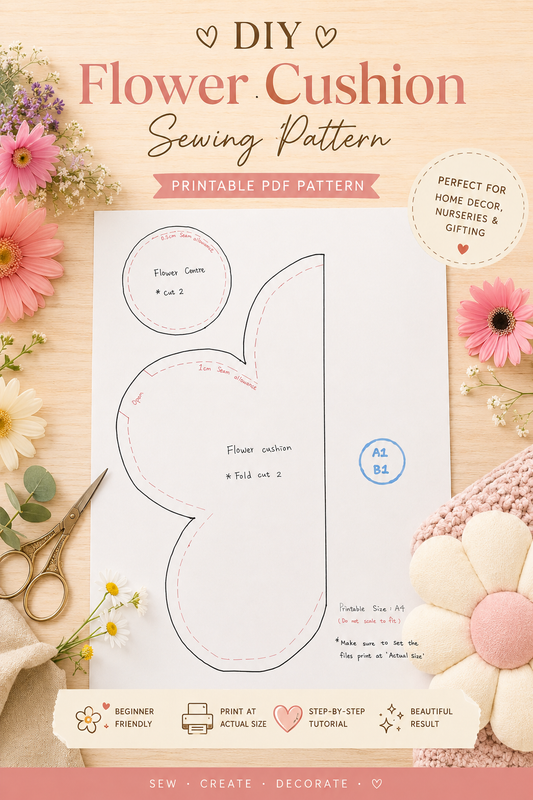 Flower cushion sewing pattern with floral decorations and tools on a wooden surface