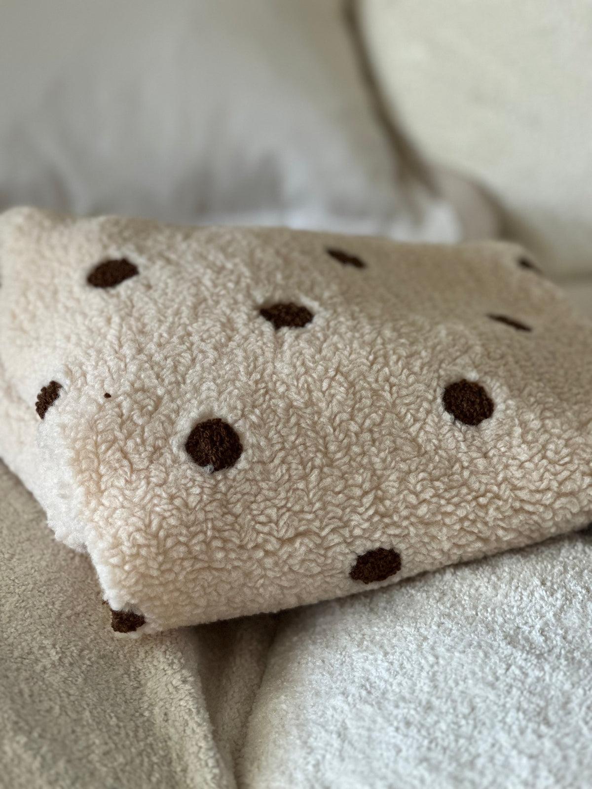 Dottie Embroidered Spot fleece Fabric - Cream & Chocolate